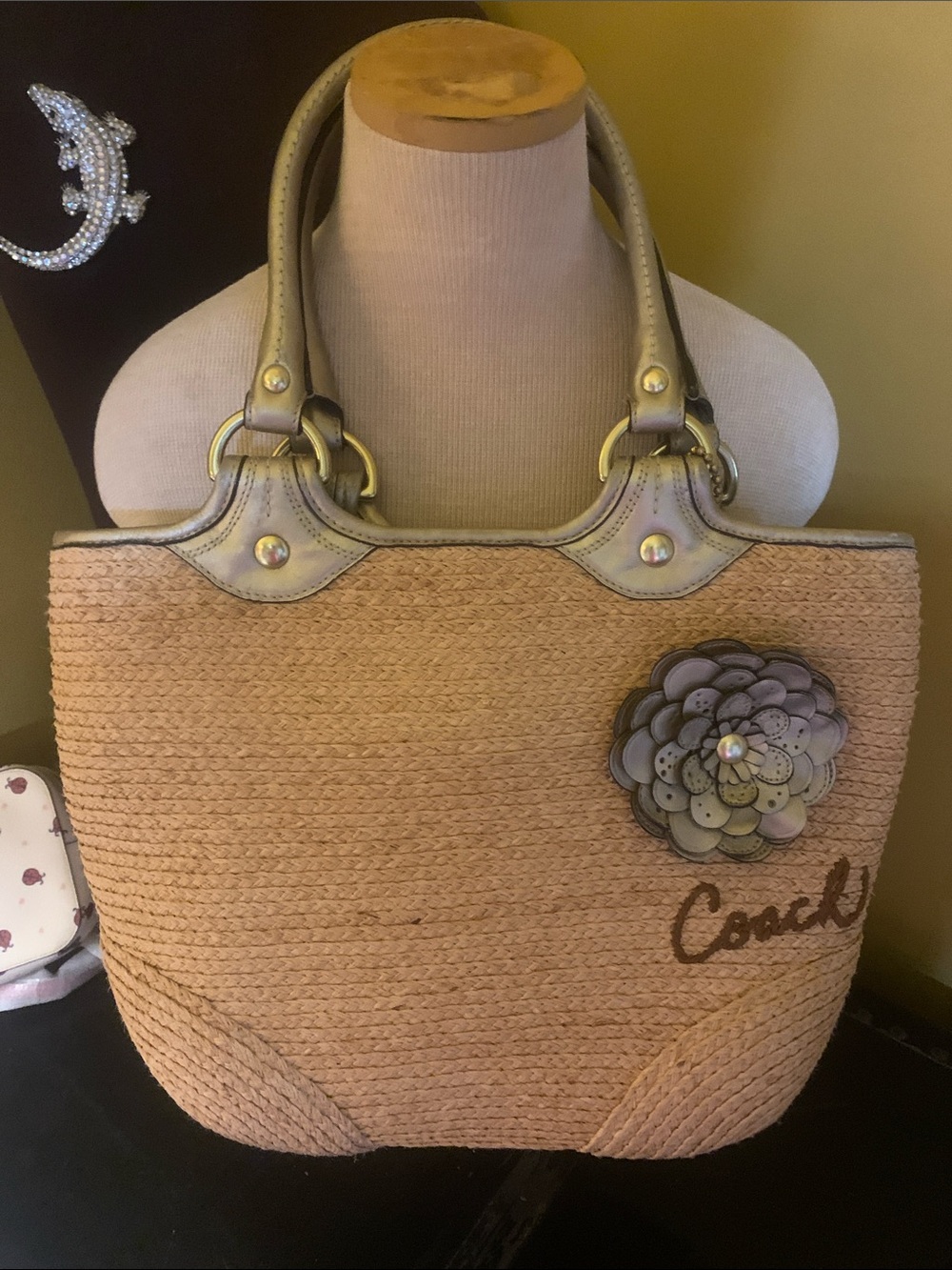 Coach Straw Tote with Taupe Leather Handles and Floral Accent